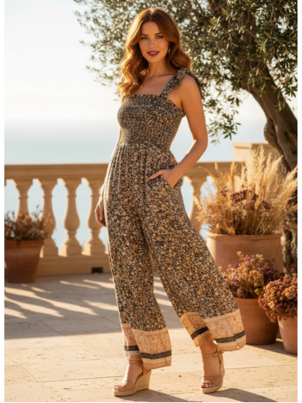 Audrey Parks Brielle Floral Smocked Boho Wide-leg Jumpsuit Size M NWT